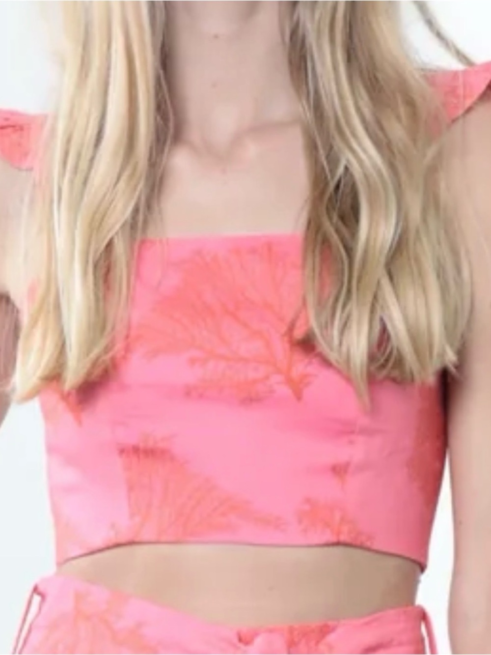 Karina Grimaldi Coral Pink Printed Square-Neck Crop Top Ruffle Shoulder S